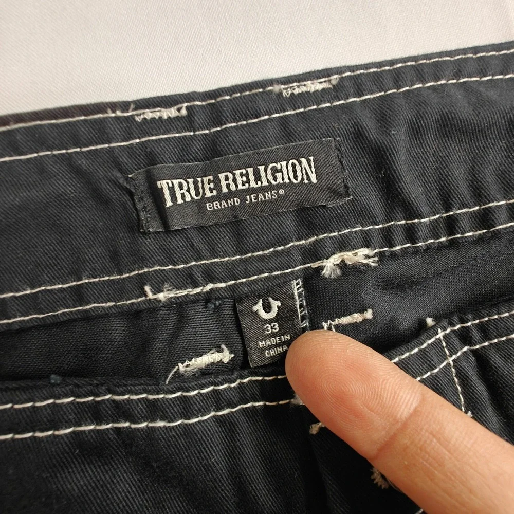 NWT 33 True Religion Mens Bobby Baggy Cargo Pant Jet Black WhiteStitch 700248N30